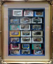 20th century picture frame form glazed display case containing diecast vehicles