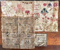 EARLY FINE SAMPLER, REVERSE SHOWN, APPROX 30 x 30cm, PLUS TWO OTHERS, LARGER APPROX 28 x 53cm
