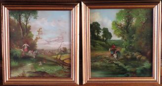 Pair of 19th century gilt framed oil on panel paintings depicting figures in a countryside scene,