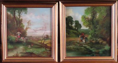 Pair of 19th century gilt framed oil on panel paintings depicting figures in a countryside scene,