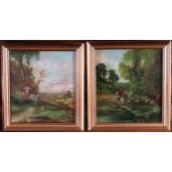 Pair of 19th century gilt framed oil on panel paintings depicting figures in a countryside scene,