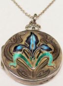 Pretty 925 silver and Art Nouveau style enamelled circular hinged locket, on 925 silver chain