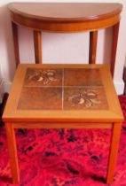 20th century tile topped side table plus halfmoon hall table