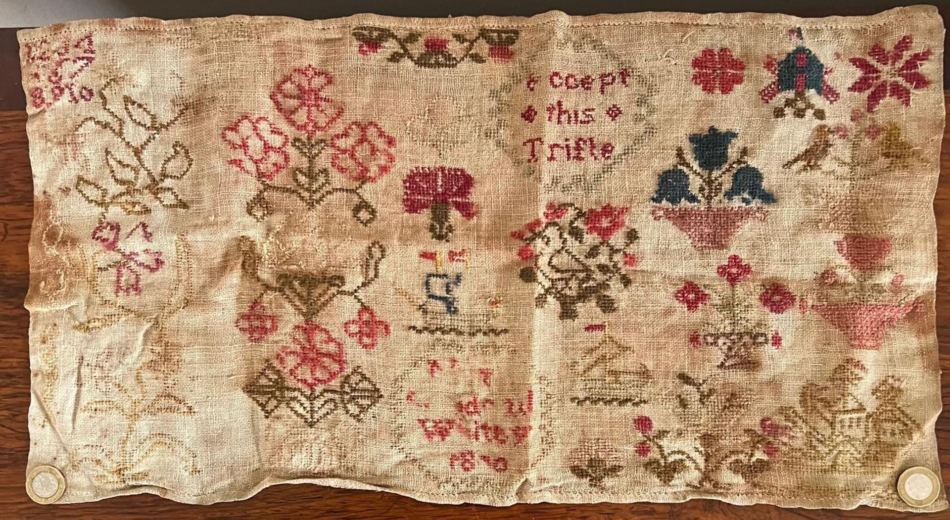 EARLY FINE SAMPLER, REVERSE SHOWN, APPROX 30 x 30cm, PLUS TWO OTHERS, LARGER APPROX 28 x 53cm - Image 4 of 4