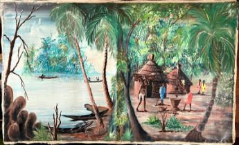 RA FOLY, OIL ON CANVAS, PALM TREES AND FIGURES, CIRCA 1960-70, APPROX 47 x 76cm