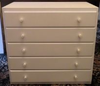 Vintage painted five drawer chest. Approx. 75cm H x 84cm W x 43cm D