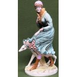 Large Italian glazed ceramic figure group depicting a lady walking her dog in the wind