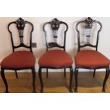 Three Edwardian ebonised and carved bedroom chairs. Approx. 95cm H