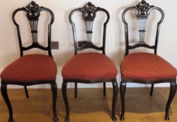 Three Edwardian ebonised and carved bedroom chairs. Approx. 95cm H