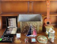 Sundry lot including brass magazine rack, cased set of fish knives and forks, clocks, small guitar