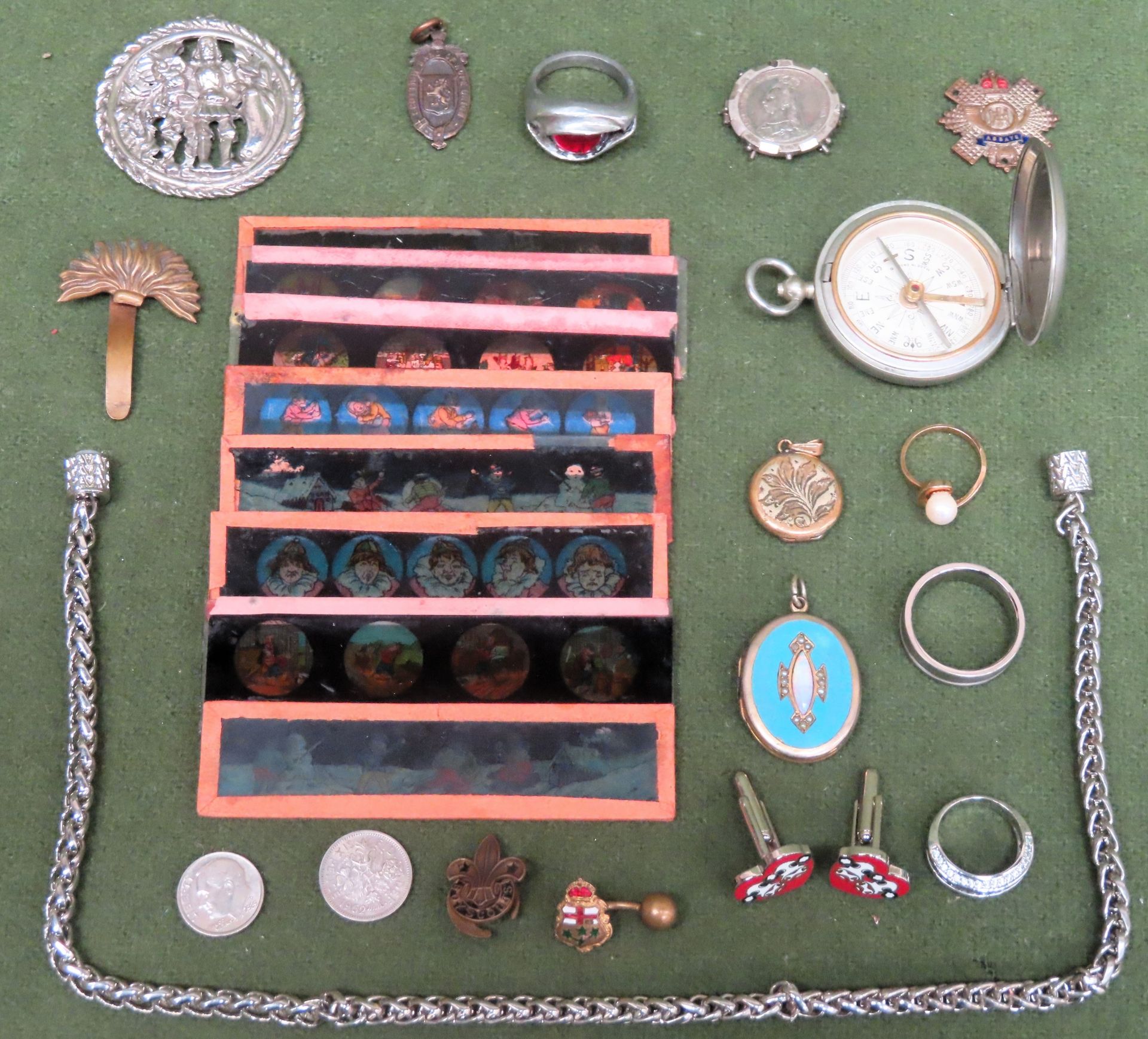 Sundry items Inc. link chain, pocket compass, cufflinks, badges, vintage colour slides etc