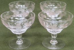 Set of four 19th century etched grape and vine decorated sundae dishes. Approx. 11cms H