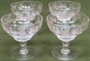 Set of four 19th century etched grape and vine decorated sundae dishes. Approx. 11cms H