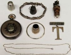 Sundry silver items Inc. link chain, gate bracelet, watch casing, thimbles, etc