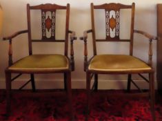 Pair of Edwardian Mahogany string inlaid and piercework decorated armchairs. Approx. 58cm H x 52cm W