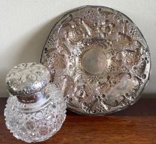 SILVER TRAY WITH INTEGRAL CUT GLASS INK POT, LONDON, M, 1888