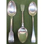 Three hallmarked silver spoons, various makes, dates & assays. Approx. 234.6g