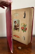 LEATHER RED MOROCCO BOUND ALBUM CONTAINING APPROX 400 VICTORIAN POSTCARDS AND SCRAPS