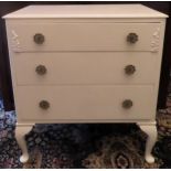 Vintage painted three drawer chest. Approx. 75cm H x 68cm W x 46cm D