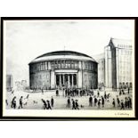 LS LOWRY, OFFSET LITHOGRAPH, THE REFERENCE LIBRARY, UNFRAMED. APPROX 27 x 36cm