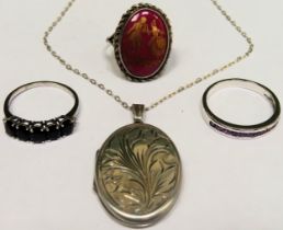 Quantity of 925 silver jewellery Inc. two semi-precious stone set dress rings, locket on chain etc