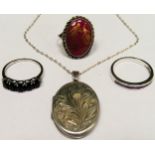 Quantity of 925 silver jewellery Inc. two semi-precious stone set dress rings, locket on chain etc