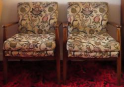 Pair of Art Deco style oak upholstered armchairs. Approx. 78cm H x 52cm W x 59cm D
