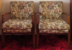 Pair of Art Deco style oak upholstered armchairs. Approx. 78cm H x 52cm W x 59cm D