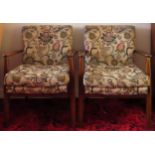 Pair of Art Deco style oak upholstered armchairs. Approx. 78cm H x 52cm W x 59cm D