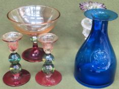 Three pieces of Krosno Polish coloured glassware, plus Dartington cobalt blue coloured glass wine