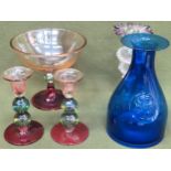 Three pieces of Krosno Polish coloured glassware, plus Dartington cobalt blue coloured glass wine