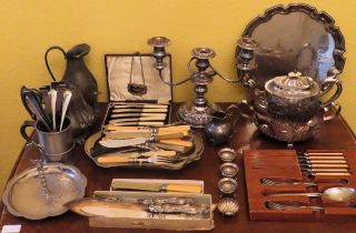 Parcel of various silver plated ware, flatware, pewter, silver shell form open salt, sherry decanter
