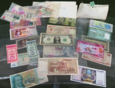 Quantity of various mostly foreign banknotes, loose postage stamps etc