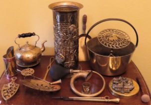 Parcel of various brasswork including horn, gong, chestnut roaster etc