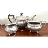 SILVER THREE PIECE TEA SET, CHESTER ASSAY, 1906, LOBE DECORATION GADROON BORDERS