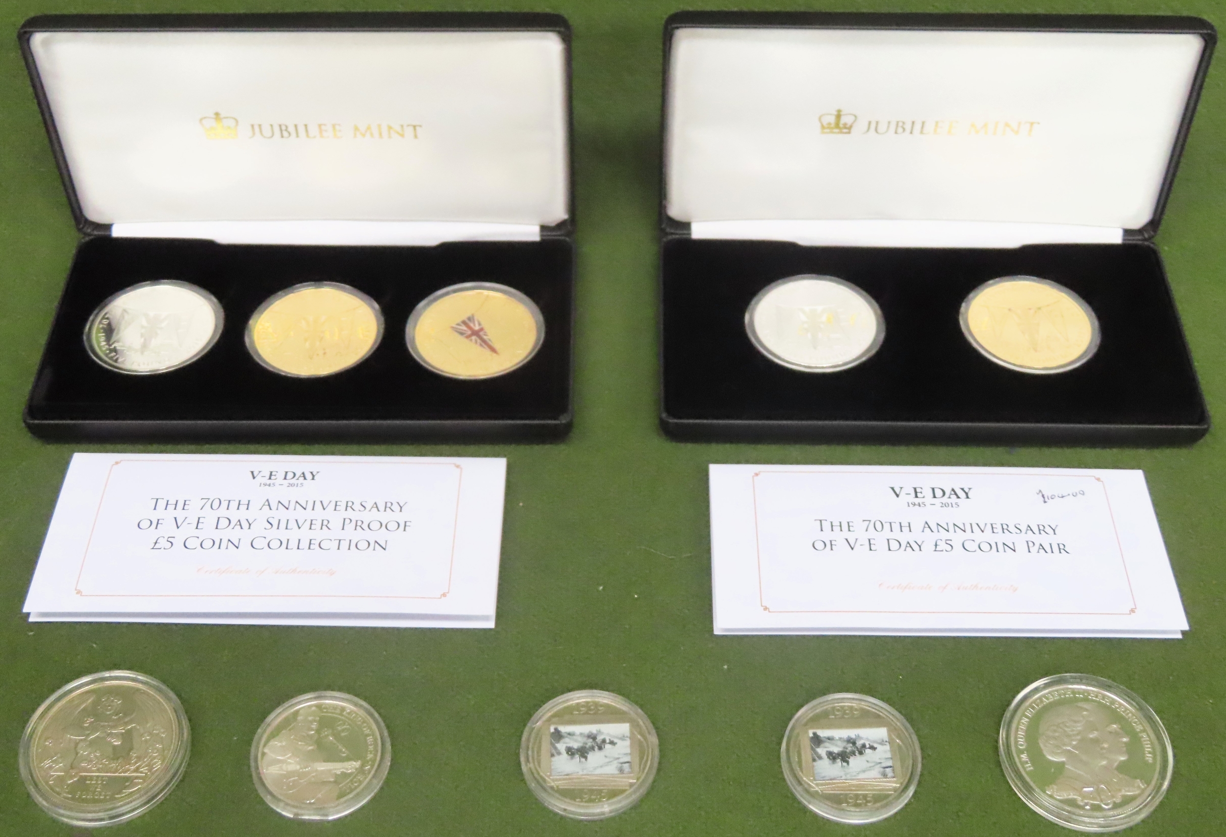 Two cased sets of VE Day 70th Anniversary proof coin sets, plus other loose