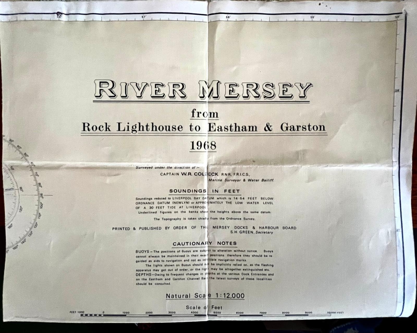 CHART OF RIVER M, FROM ROCK LIGHTHOUSE TO EASTHAM AND GARSTON, 1968, SURVEYOR CAPTAIN WR COLBECK, - Image 2 of 2