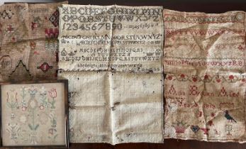 SMALL FRAMED SAMPLER, APPROX 19 x 19cm, PLUS THREE OTHERS, ONE DATED 1818, APPROX 39.5 x 24.5cm