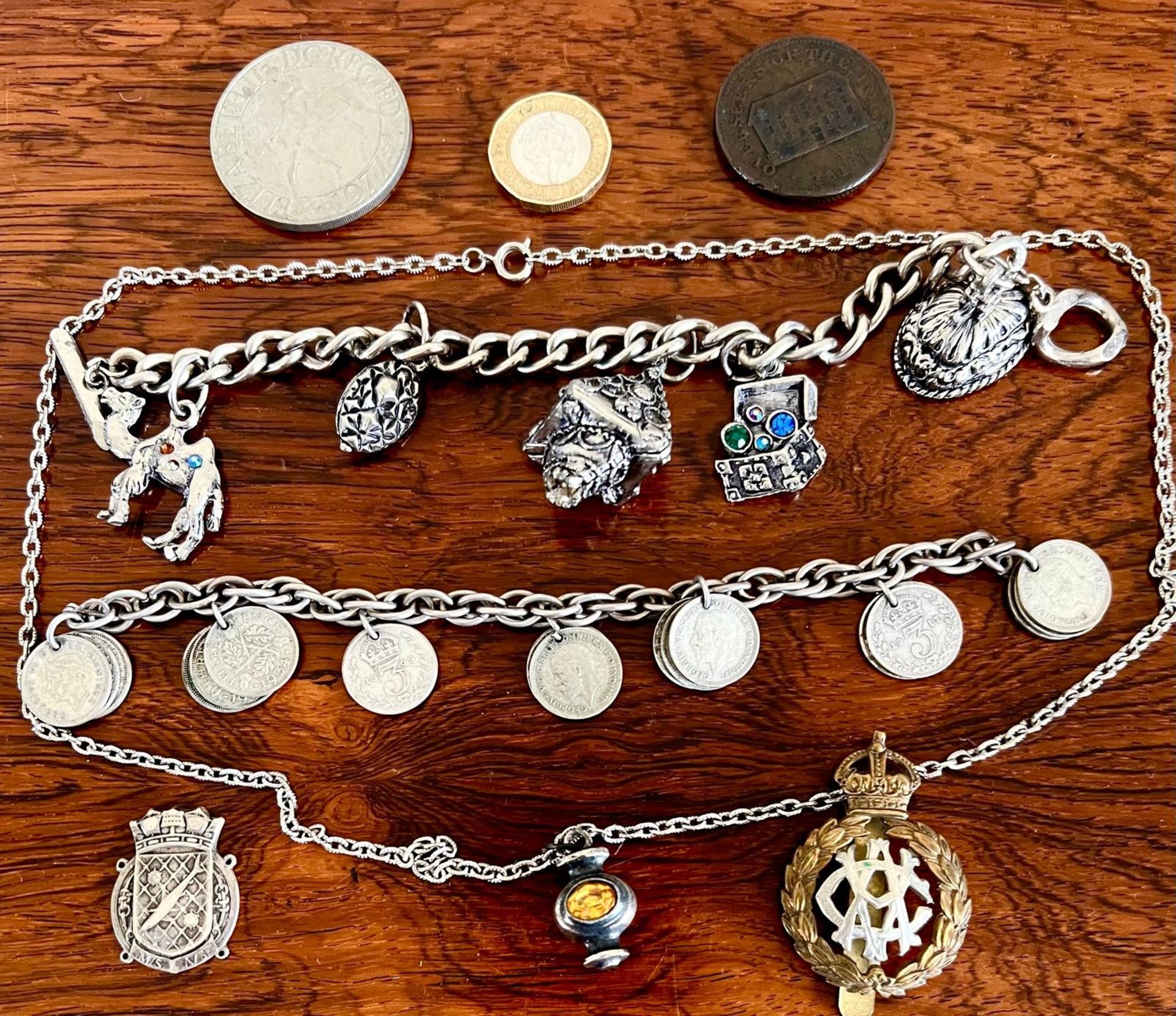 SILVER COLOURED METAL BRACELET, SILVER COLOURED CHAIN AND PENDANT, OVERSEER'S TOKEN ETC