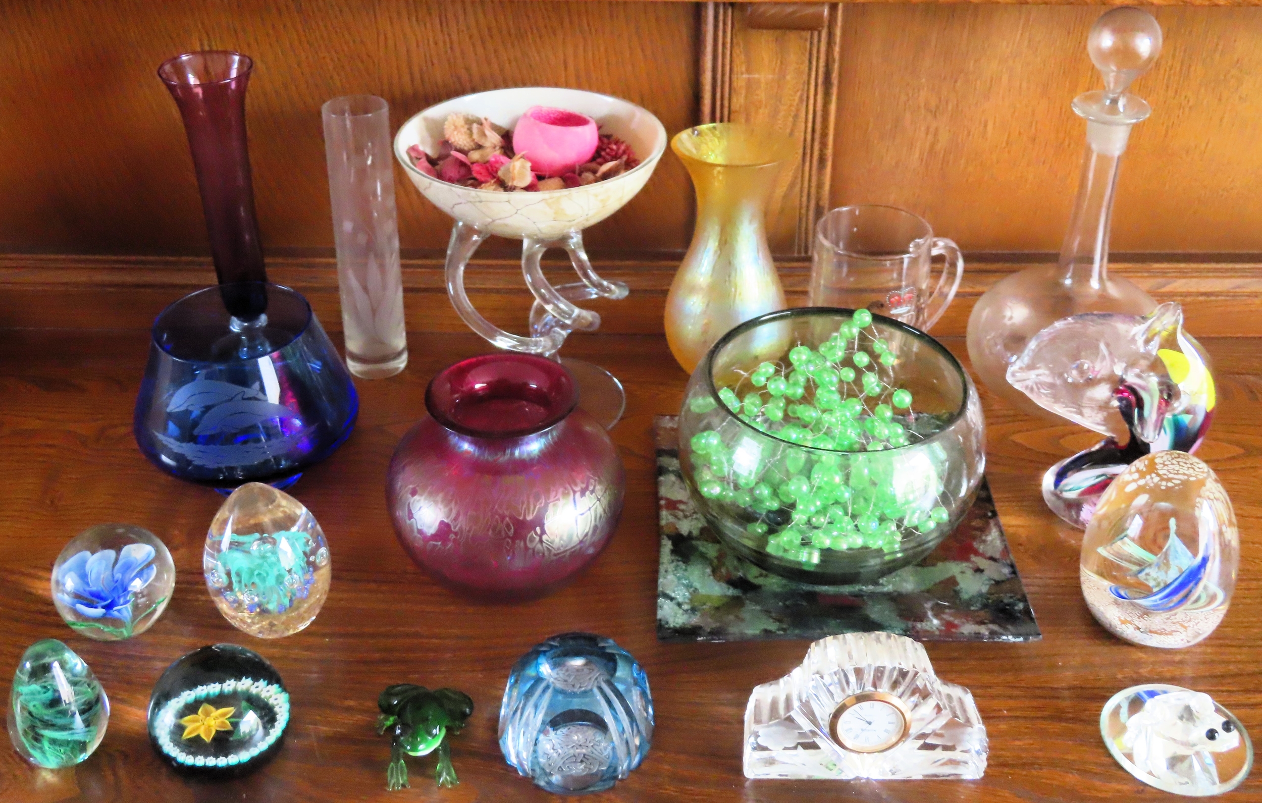 Parcel of various coloured and other glassware including Royal Brierley, paperweights, clock etc