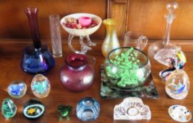Parcel of various coloured and other glassware including Royal Brierley, paperweights, clock etc