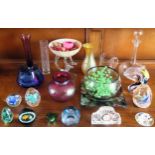 Parcel of various coloured and other glassware including Royal Brierley, paperweights, clock etc