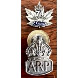 LONDON ASSAY ARP BADGE, CANADIAN MAPLE LEAF SILVER BADGE, TOTAL WEIGHT APPROX 16.6g