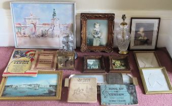 Sundries including Oil on Board, clocks, stuart crystal lamp etc