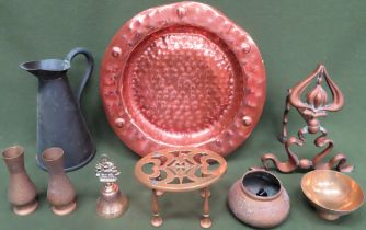 Quantity of copper and brass Inc. hammered plaque, Art Nouveau fire dog, etc