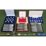 Various cased silver banded and handled knives, other silver plated flatware, small brass telescope