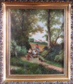 19th century gilt framed oil on panel depicting figures in a countryside scene. Approx. 20 x 17cm