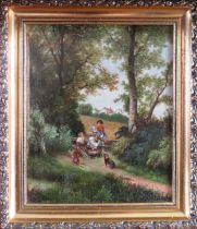 19th century gilt framed oil on panel depicting figures in a countryside scene. Approx. 20 x 17cm