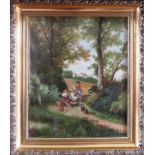 19th century gilt framed oil on panel depicting figures in a countryside scene. Approx. 20 x 17cm