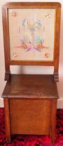 Small oak sewing box plus embroided fire screen
